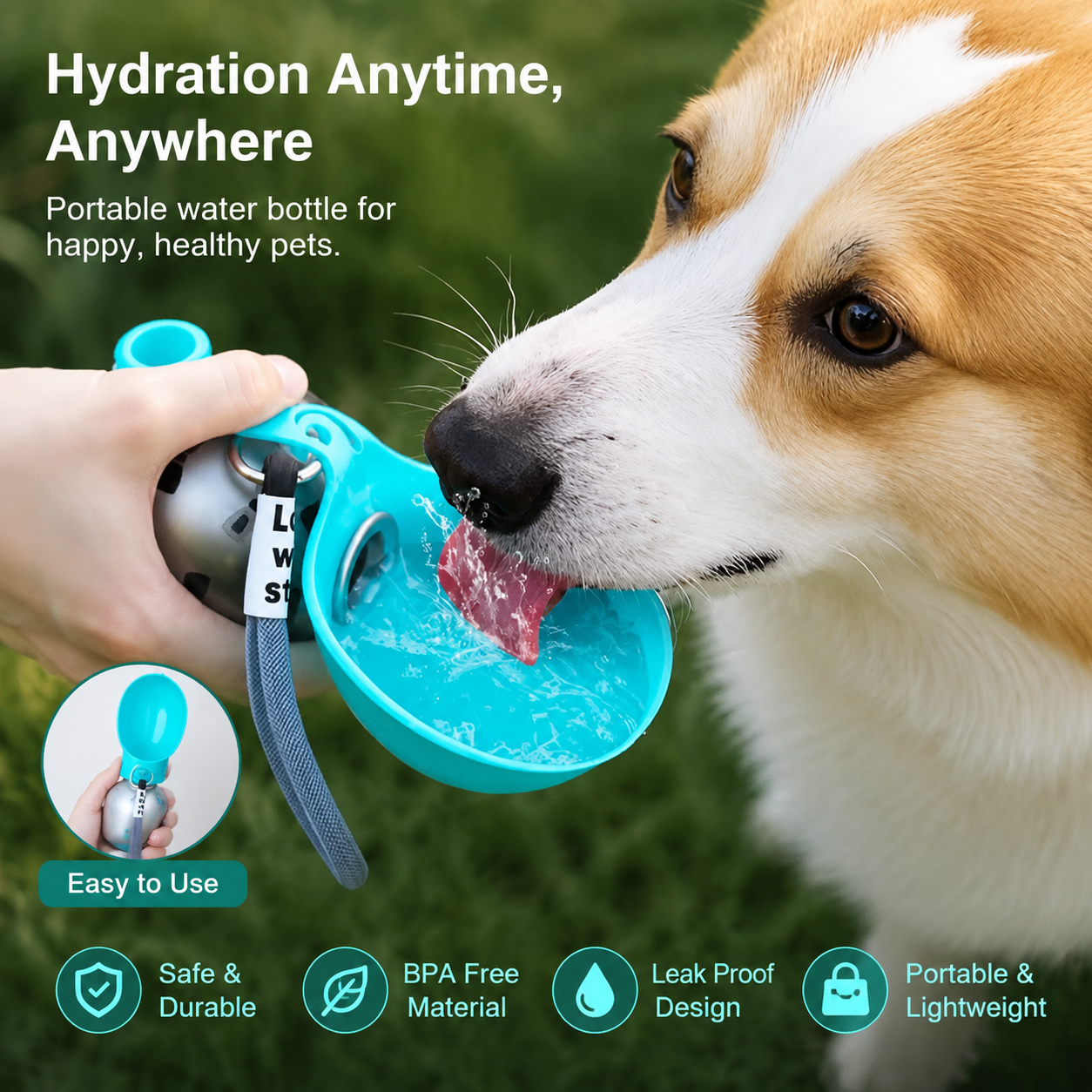 Dog Water Bottle with Silicone Bowl – 285ml Portable Leak-Proof Pet Travel Water Dispenser for Walking, Hiking & Outdoor Use